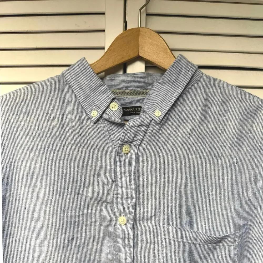 Banana Republic Mens 100% Linen Short Sleeve Shirt XL Blue White Stripe Preppy